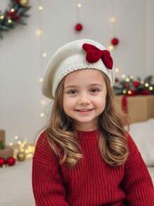 1顶女童红色天鹅绒蝴蝶结针织帽，儿童贝雷帽，画家帽 - 1PC - 查看 5