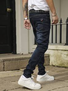 男士猫抓纹理弹力修身锥形口袋直筒牛仔裤，宽松长款，马蹄形水洗，复古蓝，Y2K风格，适合与朋友休闲外出 - 藏蓝色 - 查看 6