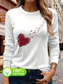 Women's White 100% Cotton Autumn Heart-Shaped Balloon Round Neck Simple Casual Plus Size Top, Women's Top With Red Heart Print, Women's Long-Sleeved T-Shirt With Heart Print That Looks Like It's Floating Away. - White - View 5