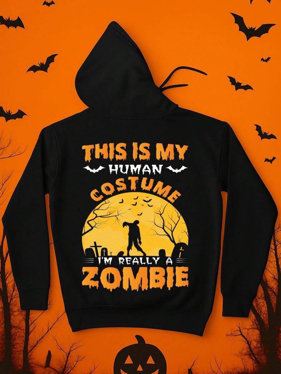 1 Felpa con cappuccio a tema zombie - Nera con stampa gialla sul retro "Questo è il mio costume da umano", Taglia 5XL, Felpa in poliestere calda e leggera, Adatta per costumi, feste e uso quotidiano - Idea regalo per costume da zombie - nero - Visualizzare 1