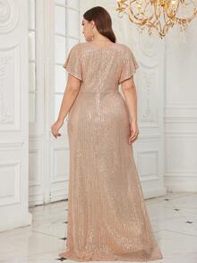 UNITHORSE Plus Size Elegant V-Neck Ruffle Sleeve Cinched Waist Sequin Embellished Pleated Evening Gown - Champagne - View 2