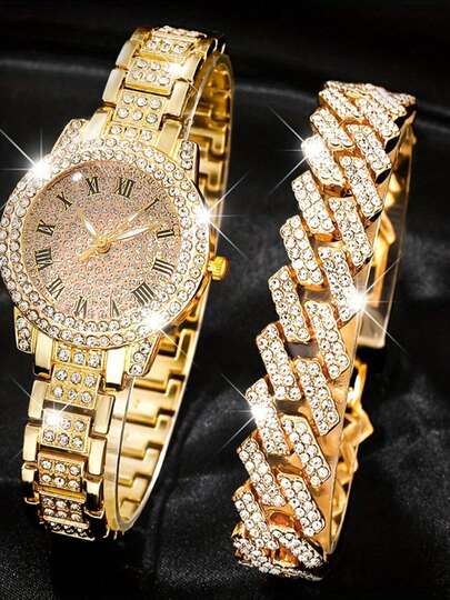 2pcs/Set Luxury Popular Women's Gold Quartz Watch - Round Dial With Classic Bracelet Set, Fashionable And Charming, First Choice For Women Gifts