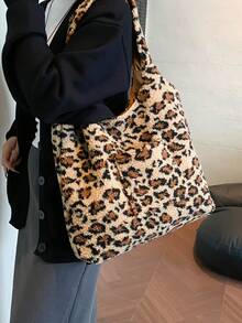 2025 Pluszowa, jesienno-zimowa, nowa, futrzana torba, dopasowana torba z nadrukiem w panterkę o dużej pojemności, modna torba na ramię, damska torba do pracy - Kolor khaki - Zobacz 4