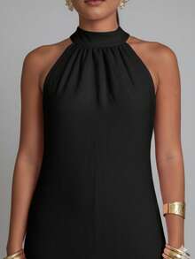 Women's Long Duna Dress Elegant Summer High Neck Tank Top Bare Back Bow - 黑色 - 查看 5