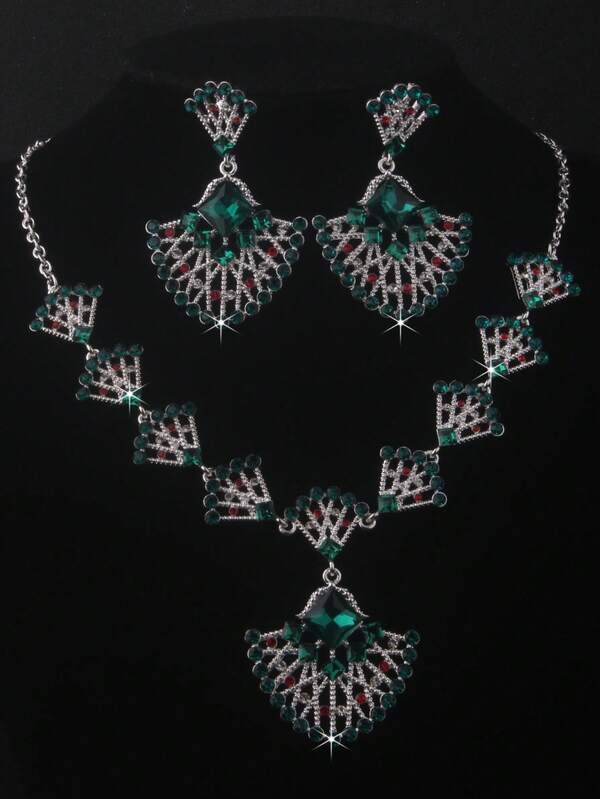 Elegant Luxury Bridal Necklace & Earrings Set, Green Peacock Necklace Earrings Jewelry Set, Delicate Clavicle Chain Pendant Earrings High-End Bridal Accessories