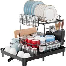 FULIFE Platos y Trastes de Acero Inoxidable, Organizador Expandible de 2 Niveles para Fregadero de Cocina, con Drenaje de Válvula, Grande Negro - plateado - Ver 3