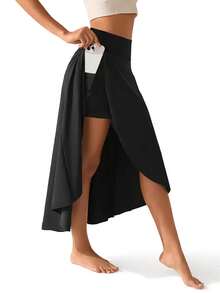 Women's 2-In-1 High Waist Split Sports Skirt With Inner Shorts Pockets, Lightweight & Stretchy For Active Wear-Casual Solid Color Sports Skort, Women's Activewear.