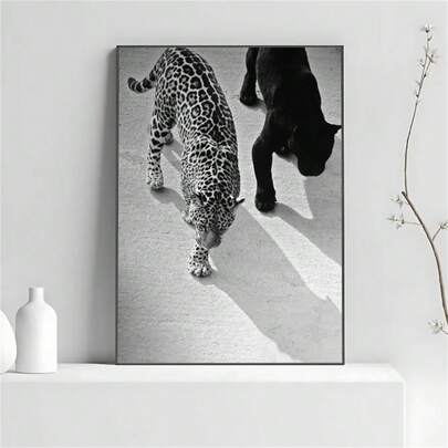 1 pieza Impresión de caminata de guepardo y jaguar, arte de pared en blanco y negro, fotografía vintage, impresión de moda, década de 1950, arte de pared imprimible, lienzos de pintura de pósteres para decoración del hogar sin marco