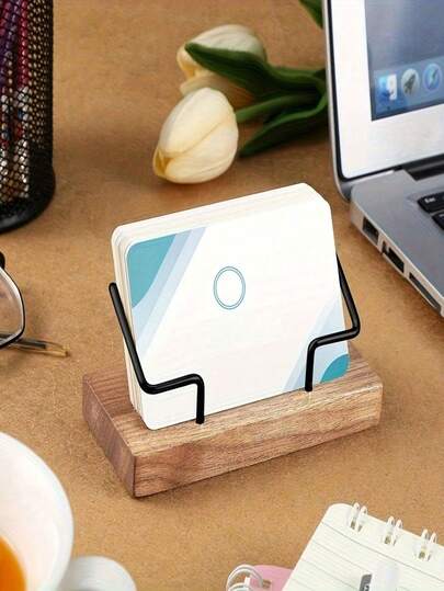 1pc Wooden Business Card Holder, Metal Business Card Stand, Beech Wood Memo Box, Solid Wood Card Case