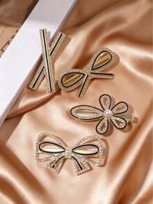 4个复古蝴蝶水钻花朵发夹，混色，时尚发饰，适合女孩，秋冬季 - 黑與白 - 查看 6