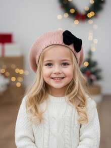 1顶女童红色天鹅绒蝴蝶结针织帽，儿童贝雷帽，画家帽 - 1PC - 查看 11