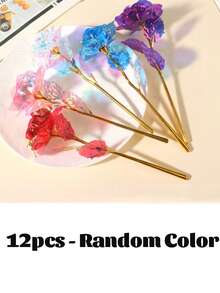 1/6/12支装 星空金色箔片人造玫瑰 - 完美适用于婚礼、订婚、圣诞节和情人节装饰 | 无需电池，高品质塑料花 - 彩色 - 查看 8