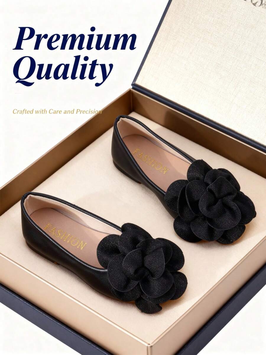 Pantofi de vară din piele neagră pentru copii, pantofi de dans pentru fete, pantofi eleganți, design floral, plați și confortabili, potriviți pentru spectacole școlare, petreceri, nunți, elevi de ciclu primar - Negru - Vizualizare 1