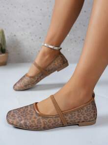 秋冬季方头网眼豹纹女式平底鞋，时尚舒适透气玛丽珍芭蕾平底鞋，一脚蹬乐福鞋 - 豹紋 - 查看 3
