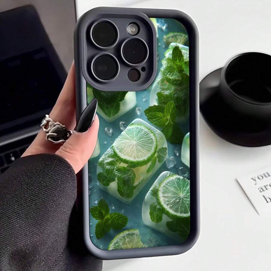 Cubierta de teléfono con borde negro diseño de hielo con limón y menta para uso diario - Negro - Ver 1