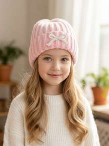 1顶女童刺绣蝴蝶结针织帽，时尚幼儿女童秋冬季针织帽，保暖儿童针织帽，白色儿童冬帽 - 1PC - 查看 4