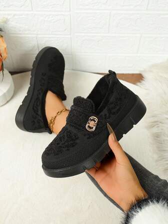 2025 Women's Retro Comfortable Knitted Lined Flat Shoes, Warm, Patterned, Round Toe, Low-Top, Thick Sole, Casual Shoes Suitable For Christmas, New Year, Thanksgiving, Independence Day, Daily Casual, Work, Shopping In Autumn/Winter