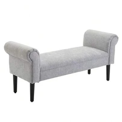 HOMCOM Upholstered Bench, Elegant Seating Bench For Living Room And Hallway, Bed Bench With Rolled Sides, Linen Fabric, Light Gray.