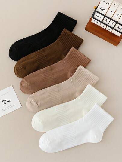 6 Pairs Women's Solid Color Mid-Calf Socks, Fashionable Merino Color Casual Short Sports Socks, Autumn/Winter