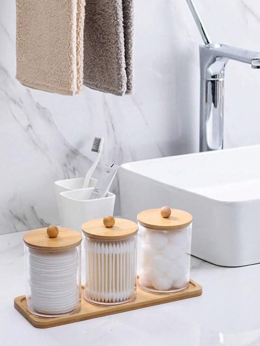 3件套亚克力棉签盒套装，带竹盖 - 透明塑料棉签、棉垫收纳盒，独立包装，附赠长方形竹托盘 - 彩色 - 查看 1