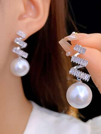 一对简约法式优雅几何锆石珍珠吊坠耳环，奢华优雅耳环，百搭女士日常及节日佩戴