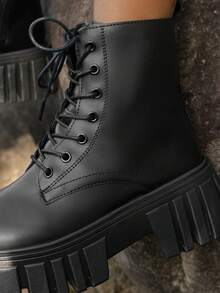 秋冬女士高级黑色真皮2.56英寸厚跟系带侧拉链摩托车踝靴，保暖日常通勤靴，厚底时尚派对西部靴 - 黑色 - 查看 6