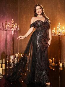 UNITHORSE [Random Cut] Plus Size Women Asymmetric Neck Sequin Contrast Mesh Fabric Flounce Decor Fitted Maxi Evening Dress - Black - View 1