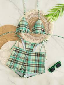 Bộ bikini ba mảnh kẻ caro thời trang dành cho nữ có dây rút thắt nút ở cúp tam giác, mang phong cách giản dị, ngọt ngào và gợi cảm, thiết kế hở lưng, hoàn hảo cho kỳ nghỉ ở bãi biển. - màu xanh lá - Xem 1
