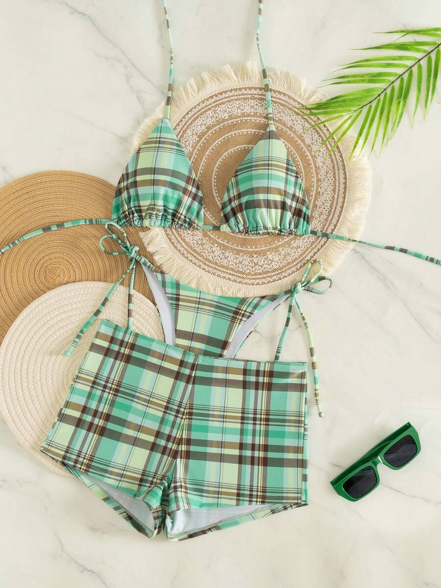 Bộ bikini ba mảnh kẻ caro thời trang dành cho nữ có dây rút thắt nút ở cúp tam giác, mang phong cách giản dị, ngọt ngào và gợi cảm, thiết kế hở lưng, hoàn hảo cho kỳ nghỉ ở bãi biển. - màu xanh lá - Xem 1