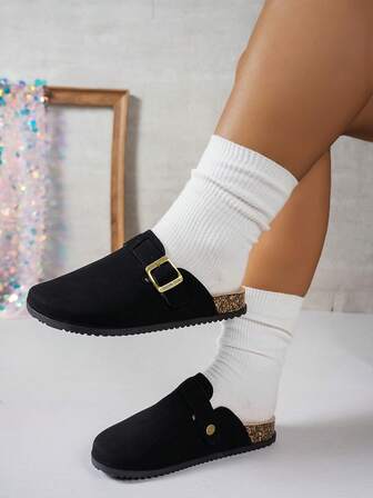 صندل مزين بإبزيم معدني ذو لون أحادي، مريح للارتداء، مع نعل من الفلين السميك والناعم، وكعب منصة مرتفع، مغلق من الأمام، متعدد الاستخدامات للخارج والتنقل والأزياء اليومية