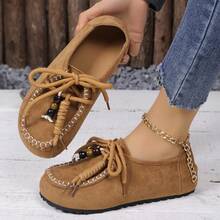 Mocasines planos con flecos para mujer, nuevos de 2025 en unicolor, de ante con cuentas y suela blanda tipo slip-on - Marrón - Ver 2