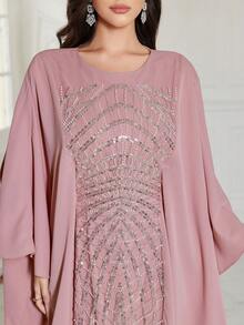UNITHORSE Đầm ngủ nữ cổ tròn tay cánh dơi dài sang trọng cao cấp phối ren đính sequin, chất liệu satin mờ, màu hồng nhạt, thích hợp cho mùa xuân. - Hồng - Xem 6
