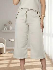 Women's Linen Set Pantacourt Pants With Pocket + Strappy Top - Women's Fashion - Beige - View 2