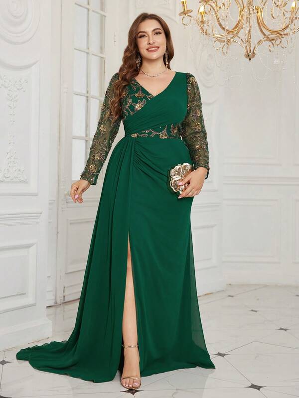 SUPGIR Vestido de noche de mujer SUPGIR Plus de manga larga con cuello en V, ajustado, con abertura, parches de lentejuelas y estampado aleatorio de chifón