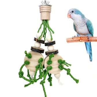 Handcrafted Parrot Toy For Budgies, Cockatiels & Lovebirds – Chewable Wood Slice And Knot Rope Birdcage Enrichment, Destructible & Interactive Toy For Mental Stimulation & Fun