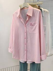 Women's Valentine's Day Pink Striped Pocket Heart Embroidery Button-Front Shirt, Suitable For Spring/Summer