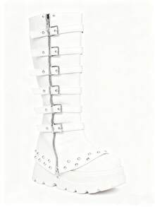 Goth Knee High Boots For Women Y2K Round Toe Wedge Heel Boot Platform Booties Punk Buckle With Side Zipper Dress Party Fashion Halloween Combat Boots Women - 白色 - 查看 5