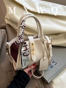 1 件时尚简约扣式 PU 挎包单肩托特包手提包配围巾，适合日常使用 - 白色 - 查看 2