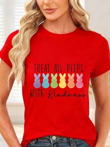 Camiseta de  con Estampado de Conejos Arcoíris para Primavera y Pascua - Rojo - Ver 1