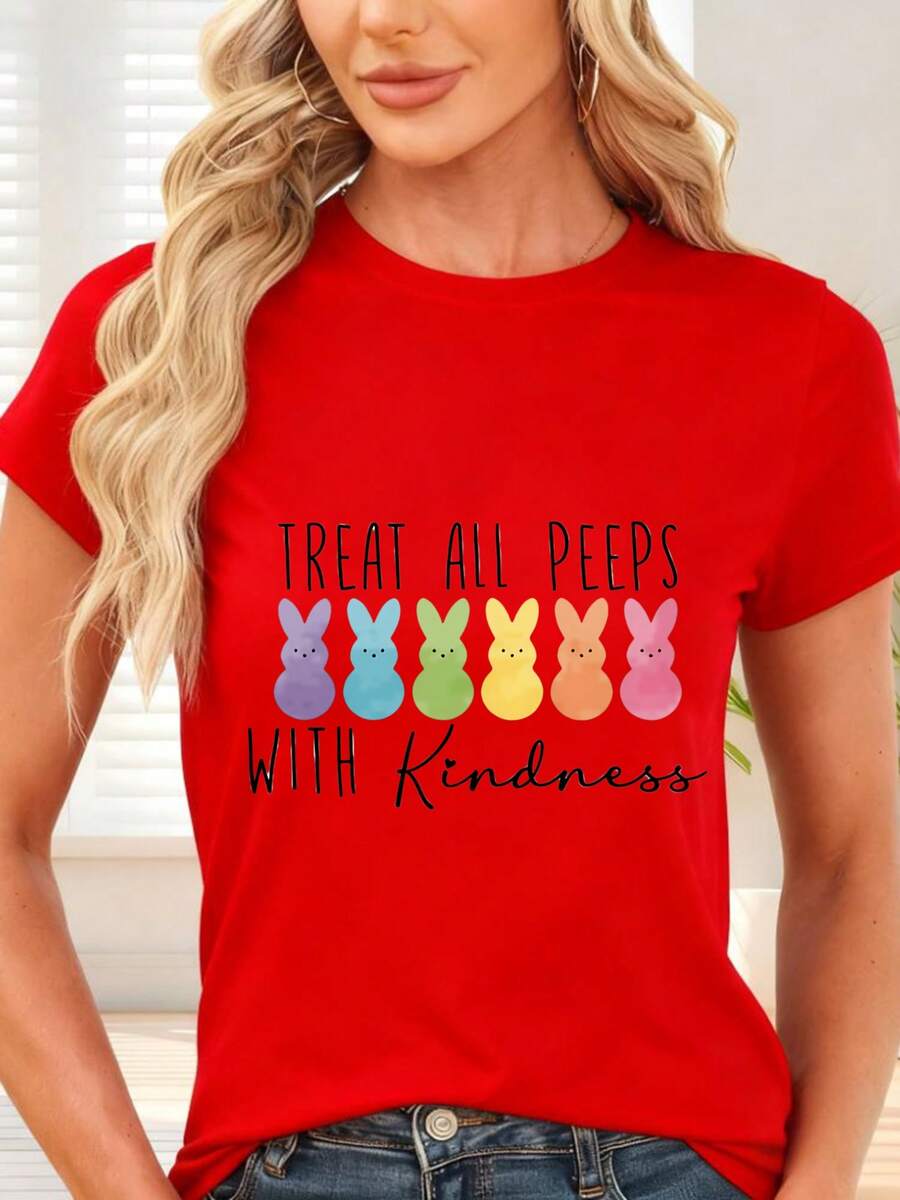Camiseta de con Estampado de Conejos Arcoíris para Primavera y Pascua - Rojo - Ver 1