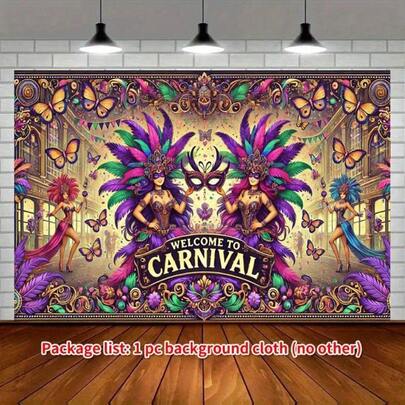 2D Banner 1pcsVibrant Carnival Celebration Backdrop - Colorful Mask Design Featuring Masks, Feathers, And Butterflies, Polyester Material, Perfect For Birthday Parties, Bar Decorations, And Holiday Events, Carnival Atmosphere | Lively Design, Carnival Decorations
