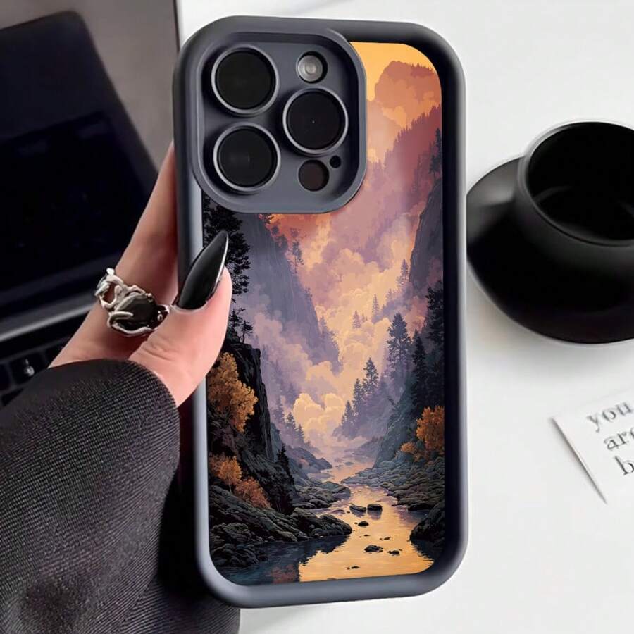 Cubierta de teléfono con borde protector color negro diseño de paisaje montañoso con río y bosque otoñal para uso diario y viajes - Negro - Ver 1