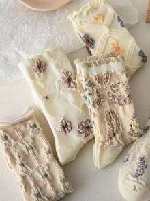 7pairs Women's Multicolor Vintage Court Style Floral Socks, Artistic Retro Mid-Calf Socks With Lace Edge, Suitable For Daily Wear - Nhiều màu - Xem 4