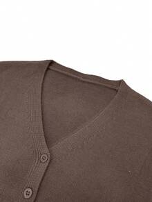 For Love & Bella Women's Sexy & Elegant Deep V-Neck Solid Brown Knit Cardigan, Fitted Minimalist Button Front Knit Sweater, Autumn/Winter - Chocolate Brown - View 6