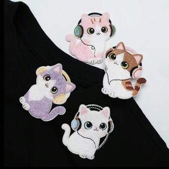 4pcs 3D Embroidered Patch Badges, Heat-Seal Design Patches For Clothing, Hats, Jackets, DIY Decoration - Bowknot, Cat Embroidered Patch Set, Suitable For Phone Cases, Bags, And Apparel