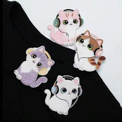 4pcs 3D Embroidered Patch Badges, Heat-Seal Design Patches For Clothing, Hats, Jackets, DIY Decoration - Bowknot, Cat Embroidered Patch Set, Suitable For Phone Cases, Bags, And Apparel