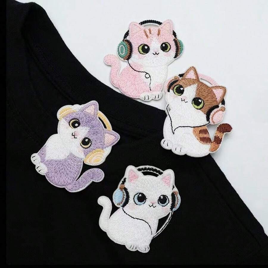 4pcs 3D Embroidered Patch Badges, Heat-Seal Design Patches For Clothing, Hats, Jackets, DIY Decoration - Bowknot, Cat Embroidered Patch Set, Suitable For Phone Cases, Bags, And Apparel - 4-piece Set - View 1