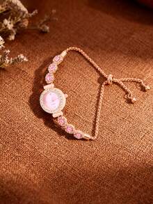1pc Women's Pink Rhinestone Adjustable Bracelet Watch, Elegant Quartz Watch With Rhinestone Dial, Suitable For Daily Matching, Birthday, Gift For Her, Anniversary, Year-End Promotion, Singles' Day, Halloween Promotion, No Gift Box - Pink - View 3
