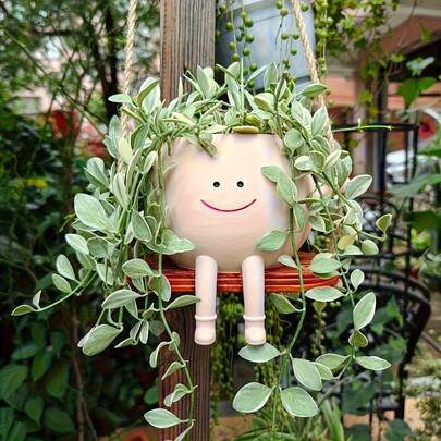 1pc Adorable Hanging Planter, Modern Round Resin Pot With Hanging Basket And Drainage Hole, Suitable For Succulents, Herbs, Small Housewarming Gifts - Lightweight And Durable Design, Perfect For Balcony, Windowsill, Or Tabletop Decor - Easy-Hanging Jute Rope, Modern Style Ideal For Small Plants, Suitable For Indoor And Outdoor Use