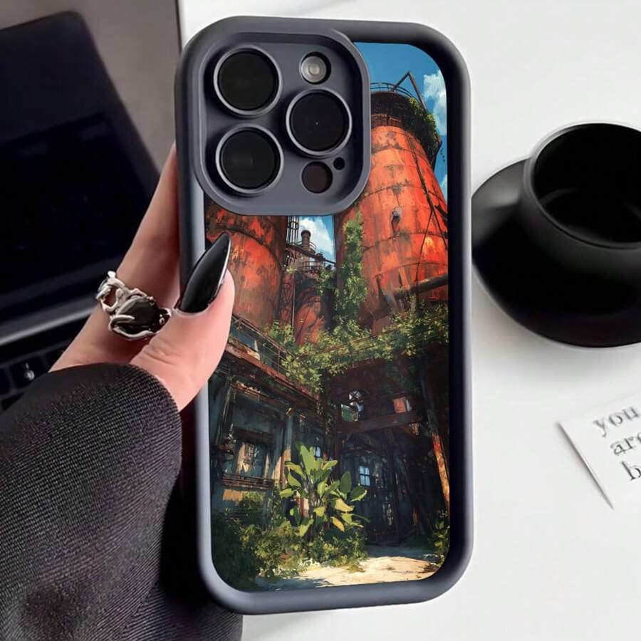 Cubierta de teléfono con borde negro diseño de edificio industrial oxidado con vegetación verde para uso diario y viajes - Negro - Ver 1